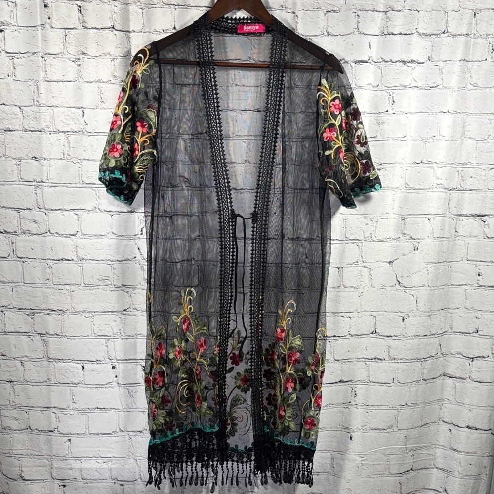 Embroidered Black Sheer Boho Kimono Jacket